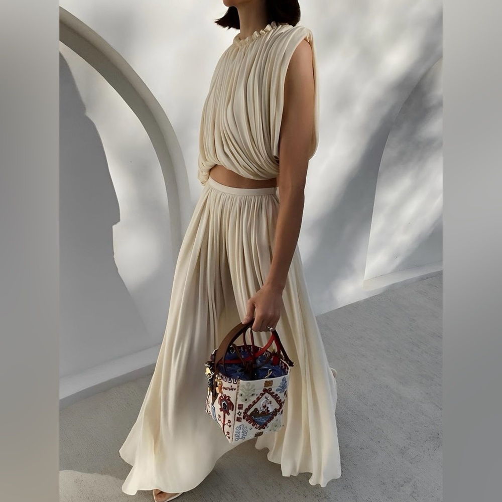 Commense Cream Flowing Pleated Maxi Skirt Set